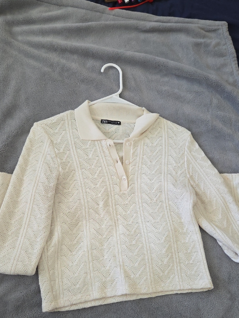 ZARA Cream Textured Knit Polo Top